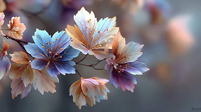 Delicate pastel leaves gently sway on a branch, evoking a sense of serene beauty and natural elegance.