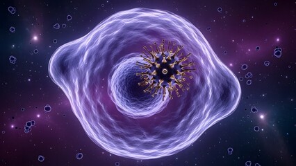 Virus Particle Inside a Glowing Cell Membrane Against a Cosmic Background