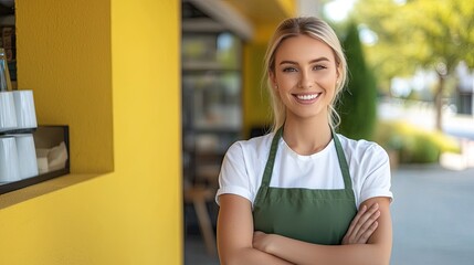 Barista with long hair and a friendly smile stands in a warm coffee shop filled with the aroma of freshly brewed drinks