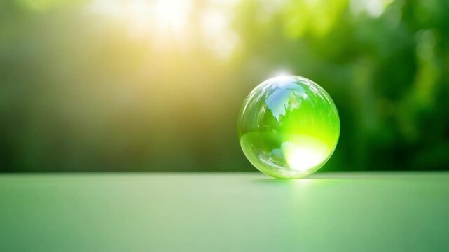 World of Green: A glass globe reflects the verdant hues of a sun-drenched, natural world, symbolizing our planet's intrinsic beauty and the imperative to protect it.