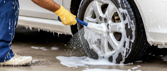 A person is spraying foam on a red car's wheel, cleaning it with care in a well-lit washing area filled with equipment