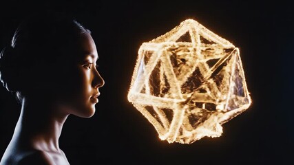 Woman in profile observing geometric light structure forming from sparks. Cinematic sequence of glowing polyhedron emerging in front of her face. Futuristic digital art concept for visual effects. - Powered by Adobe