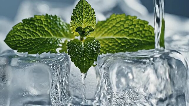 Close-up cinematic shot of ice cubes touched by mint leaves