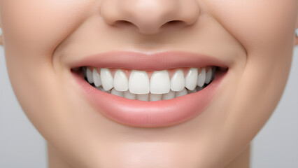 smiling woman face close up with beautiful teeth and red lips