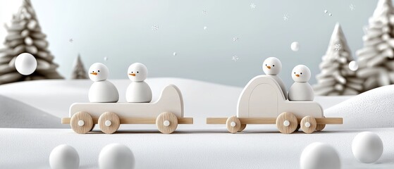 A decorative train carries cheerful snowmen surrounded by snow and holiday ornaments, creating a joyous festive atmosphere