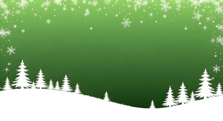 Enchanting winter wonderland scene with delicate snowflakes falling on a green Christmas background