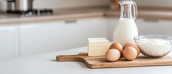 Fresh ingredients arranged on a kitchen countertop include eggs, butter, and milk, ready for a baking session with flour scattered around