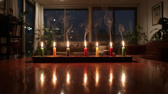 Cozy evening with lit candles in an urban living room