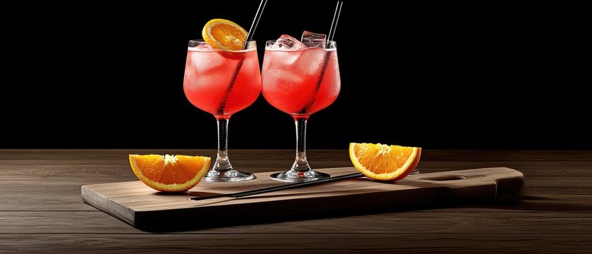 A vibrant drink garnished with orange slices and mint sits on a sleek surface, surrounded by fresh oranges and cocktail tools