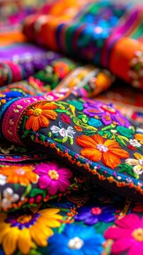 Close up view of vibrant, colorful handmade embroidered textile featuring detailed floral patterns and textures in various shades