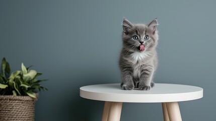 Black cat with striking yellow eyes playfully sticking out its tongue while positioned in front of a green plant