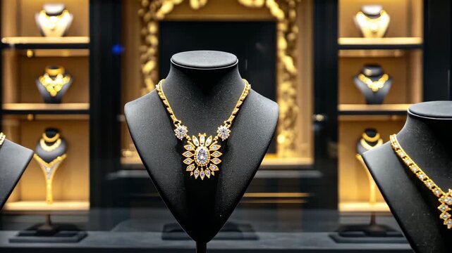Elegant necklaces and pendants shine brightly in a luxury store, highlighting exquisite craftsmanship and design