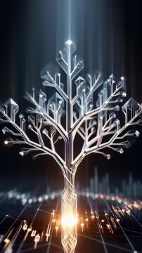 Futuristic digital tree growing from glowing financial graph bars on a dark circuit grid, visualizing investment income and compounding wealth in a cinematic 3D animation.