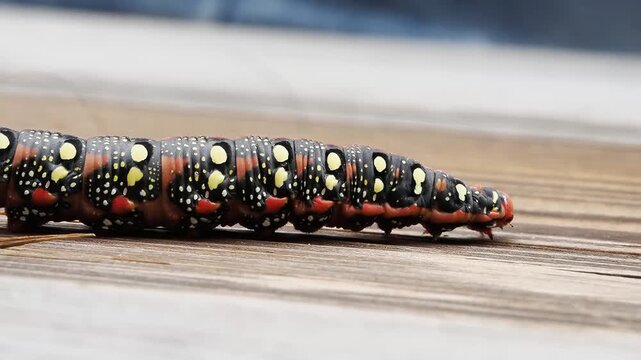 Chenille du Sphinx de l&rsquo;euphorbe (Hyles euphorbiae) se d&eacute;pla&ccedil;ant sur tige et substrat &agrave; Tignes, France &ndash; L&eacute;pidopt&egrave;re en activit&eacute;