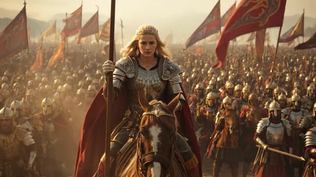 Armored Female Knight on Horseback Leading a Vast Army into an Epic Battle with Waving Flags, Symbolizing Leadership, Courage, and Historical Warfare