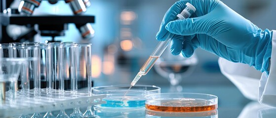 A person wearing gloves holds a test tube filled with a yellow solution while observing samples in a research laboratory
