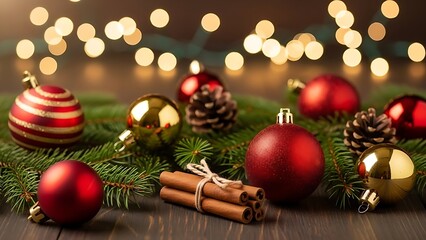 Delightful holiday scene with red and gold ornaments, pinecones, cinnamon sticks and festive lights, perfect for holiday greetings and seasonal marketing campaigns