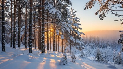Stunning winter wonderland scene with snow-covered trees and golden sunlight streaming through the forest, perfect for holiday cards and seasonal promotions