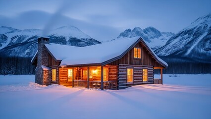 Cozy log cabin nestled in a snowy winter wonderland with warm inviting lights, perfect for travel, holiday, or real estate marketing campaigns