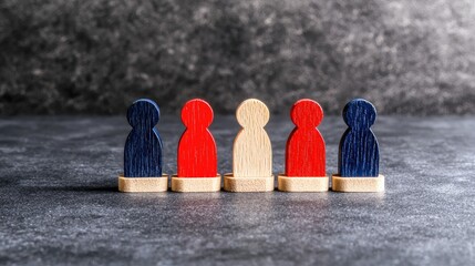 Small wooden figures of various colors stand in a neat row, representing diversity. The background is dark and textured, adding contrast