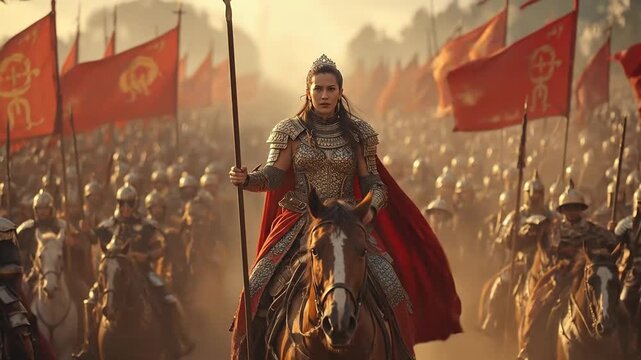 Fierce Female Warrior Queen in Golden Armor with Red Cape, Leading a Vast Army on Horseback into Epic Battle Under Red Banners