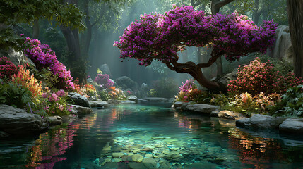 Tranquil forest stream flows through a vibrant garden bursting with colorful blossoms and lush greenery.