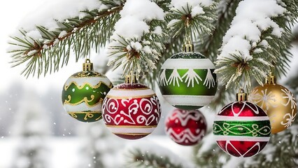 Festive Christmas Ornaments Adorned on Snowy Pine Branch, Capturing Holiday Cheer and Winter Magic, Perfect for Seasonal Greetings and Warm Family Celebrations