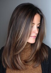 Naklejka premium A portrait of a woman with brown hair that looks like chocolate mousse and has chunky cream highlights around her face. Her hair is mid-length and straight, and she is wearing fall clothes.