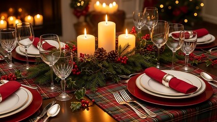 Invite holiday warmth with this elegantly set Christmas dinner table, featuring glowing candles, festive greenery, and classic tartan accents for joyful celebrations