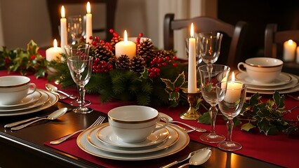 Elegant holiday table setting with glowing candles and festive decor, perfect for Christmas dinner celebrations with family and friends, creating warm memories