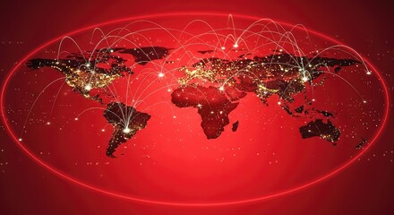 World map with glowing city lights and global connections on red background