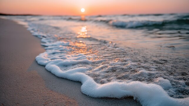 Soft waves roll onto the golden sand, reflecting the warm hues of a beautiful sunset on a tranquil evening at the beach