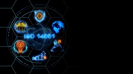 iso 14001 concept, Business, Technology, Internet and network concept. glowing neon line of iso 14001 banner web icons on virtual screen.