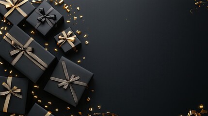 Three chic black gift boxes with gold ribbons sit beside shiny confetti, ideal for festive events and celebrations