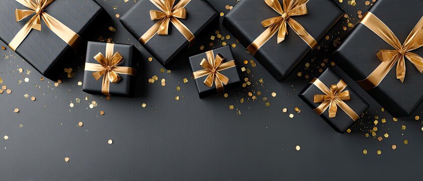 Small black gift boxes decorated with gold ribbons are set against a dark background sprinkled with shiny confetti