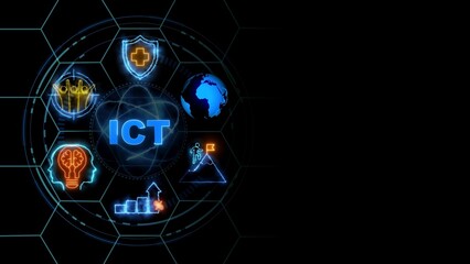 ICT concept, Business, Technology, Internet and network concept. glowing neon line of ICT banner web icons on virtual screen.
