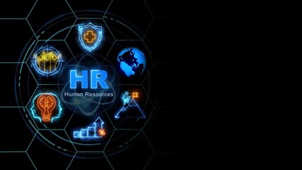HR human resources concept, Business, Technology, Internet and network concept. glowing neon line of HR human resources banner web icons on virtual screen.