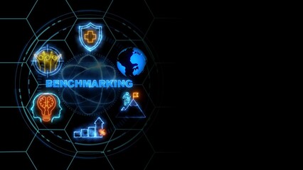 Benchmarking concept, Business, Technology, Internet and network concept. glowing neon line of Benchmarking banner web icons on virtual screen.