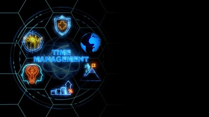 TIME MANAGEMENT concept, Business, Technology, Internet and network concept. glowing neon line of TIME MANAGEMENT banner web icons on virtual screen.