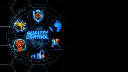 QUALITY CONTROL concept, Business, Technology, Internet and network concept. glowing neon line of QUALITY CONTROL banner web icons on virtual screen.