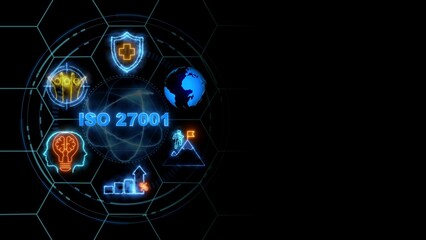 ISO 27001 concept, Business, Technology, Internet and network concept. glowing neon line of ISO 27001 banner web icons on virtual screen.
