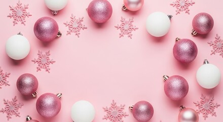 Pink and white christmas ornaments and snowflakes border