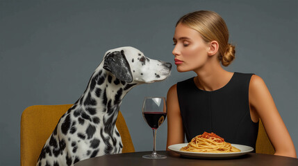 Elegant woman and Dalmatian dog sitting at dinner table with spaghetti and red wine, dog leaning towards woman with nose touching, neutral gray background