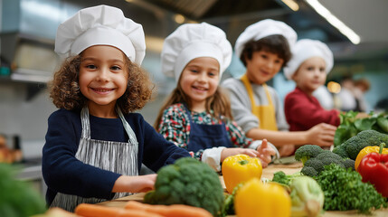 Diverse group of smiling diverse children wearing chef hats and aprons participating in cooking class with vegetables, school activities