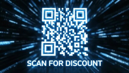 Scan for discount glowing blue qr code on a digital background