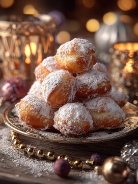 italian zeppole fried doughnuts dusted with powdered sugar and styled in a festive holiday setting mediterranean desserts celebratory charm