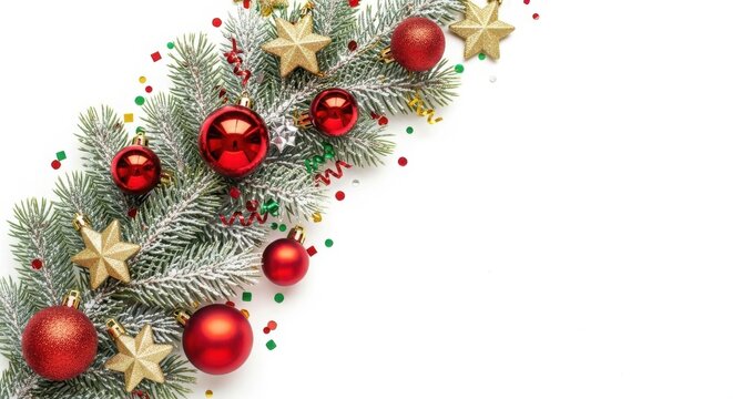 Festive christmas branch with red ornaments and golden stars