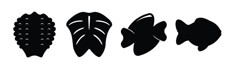 Sea creature silhouettes: shell, leaf, and two fish icons