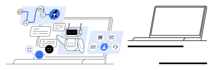 Laptop with chatbot, conversation bubbles, emotions, and process icons around AI interaction. Ideal for automation, technology, communication, customer support, innovation digital tools user