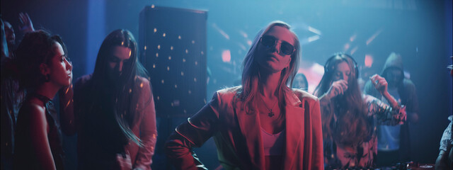 Nightlife scene featuring women dancing at a vibrant club with colorful lights and energetic atmosphere
